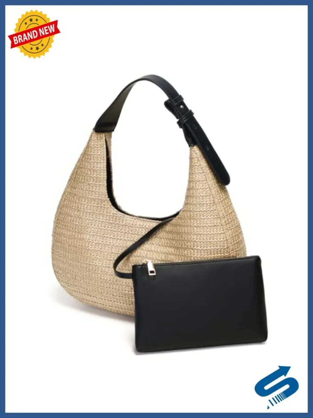 Handwoven Straw Hobo Tote with Pouch, Adjustable Strap